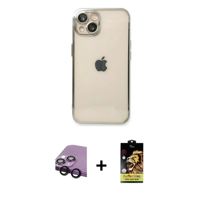 MARSİLYAN™- iPhone 14 Kılıf Vadi Minimal - Siyah Buffer Cam Ekran Koruyucu + Raze Metal Kamera Lens - SH