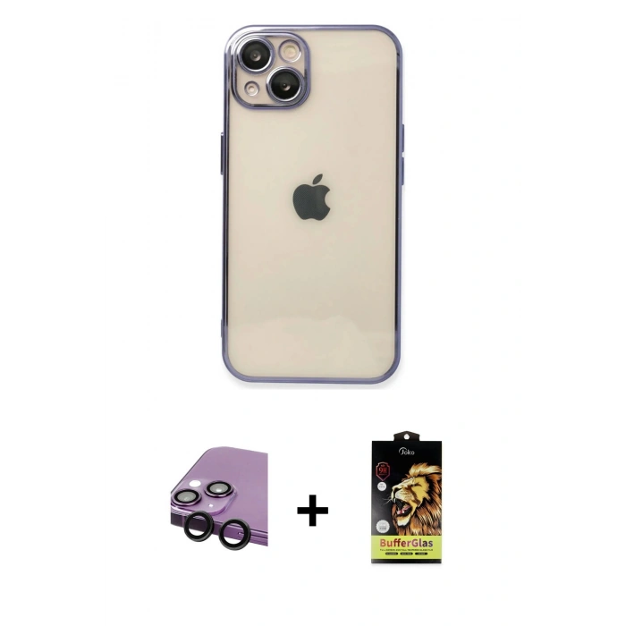 MARSİLYAN™- iPhone 14 Kılıf Vadi Minimal - Siyah Buffer Cam Ekran Koruyucu + Raze Metal Kamera Lens - SH