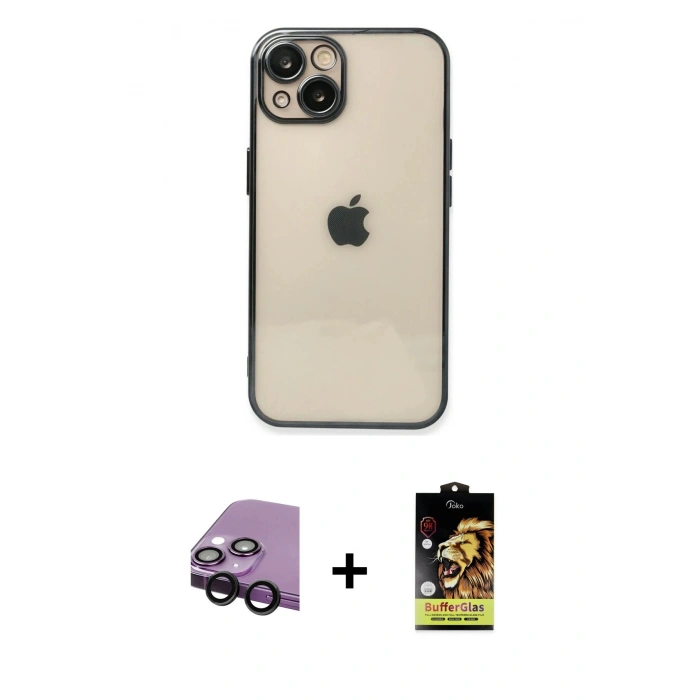 MARSİLYAN™- iPhone 14 Kılıf Vadi Minimal - Siyah Buffer Cam Ekran Koruyucu + Raze Metal Kamera Lens - SH
