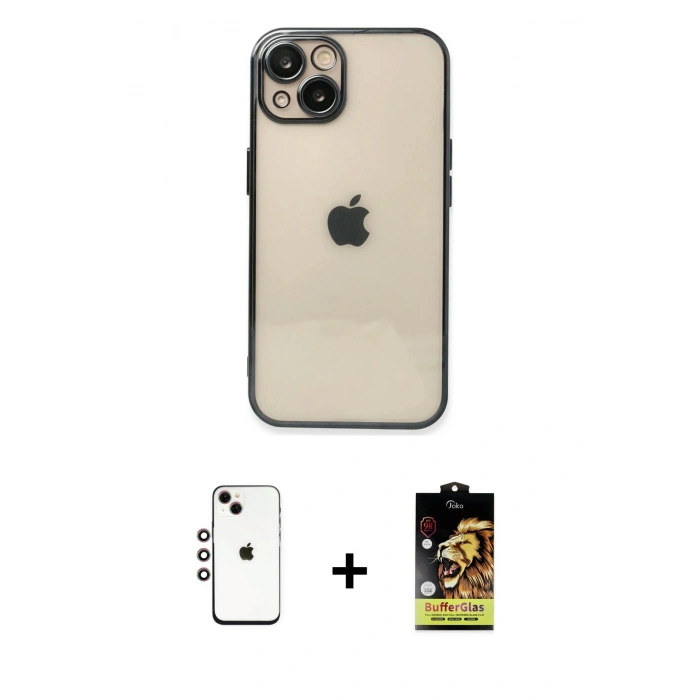 MARSİLYAN™- iPhone 14 Kılıf Vadi Minimal - Siyah Buffer Cam Ekran Koruyucu + Shine Kamera Lens - GI