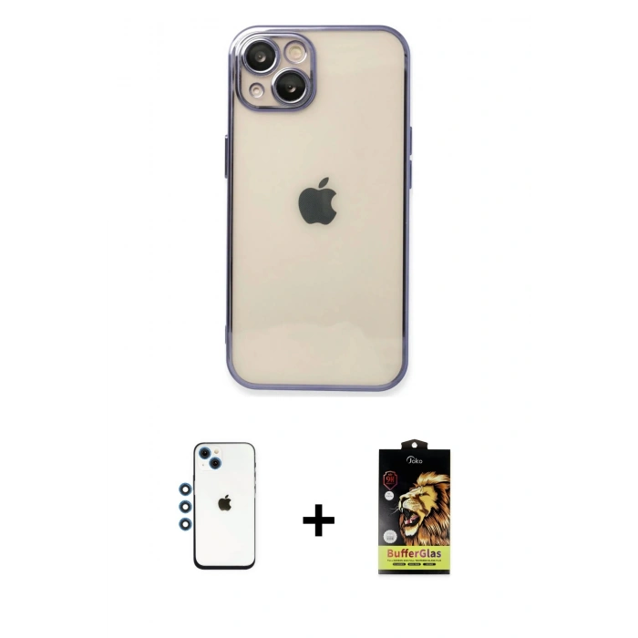 MARSİLYAN™- iPhone 14 Kılıf Vadi Minimal - Siyah Buffer Cam Ekran Koruyucu + Shine Kamera Lens - MI