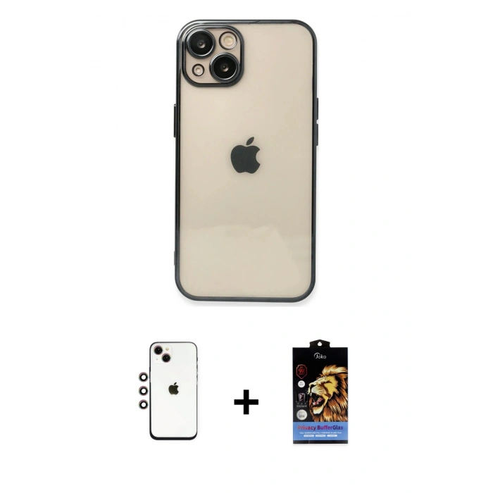 MARSİLYAN™- iPhone 14 Kılıf Vadi Minimal - Siyah Buffer Hayalet Cam Ekran Koruyucu + Shine Kamera Lens - GI