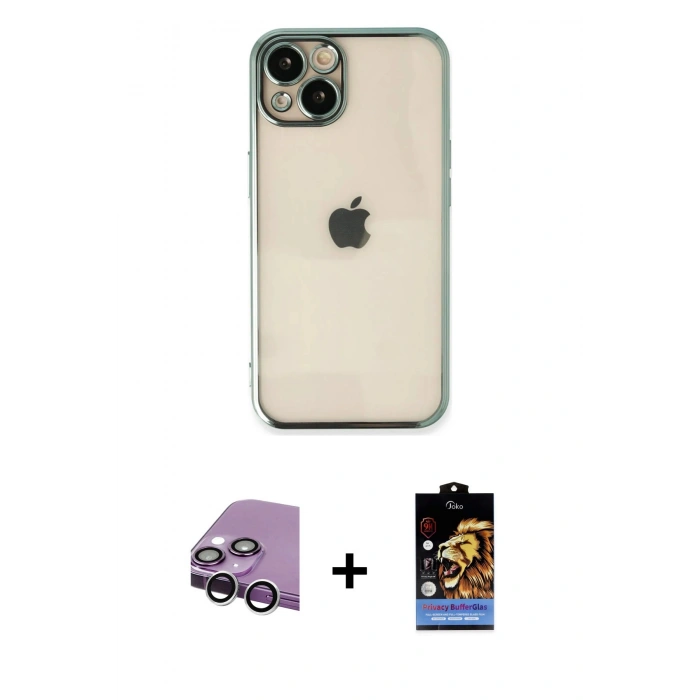 MARSİLYAN™- iPhone 14 Kılıf Vadi Minimal - Siyah Buffer Hayalet Cam Ekran Koruyucu + Raze Metal Kamera Lens - GS