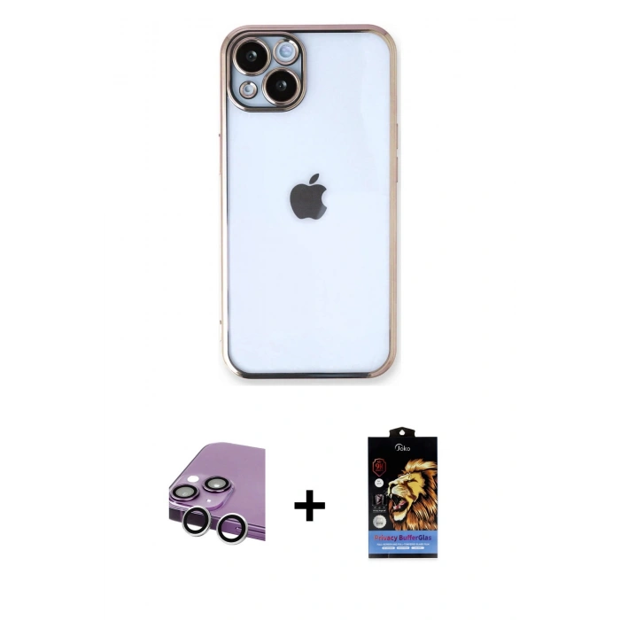 MARSİLYAN™- iPhone 14 Kılıf Vadi Minimal - Siyah Buffer Hayalet Cam Ekran Koruyucu + Raze Metal Kamera Lens - GS