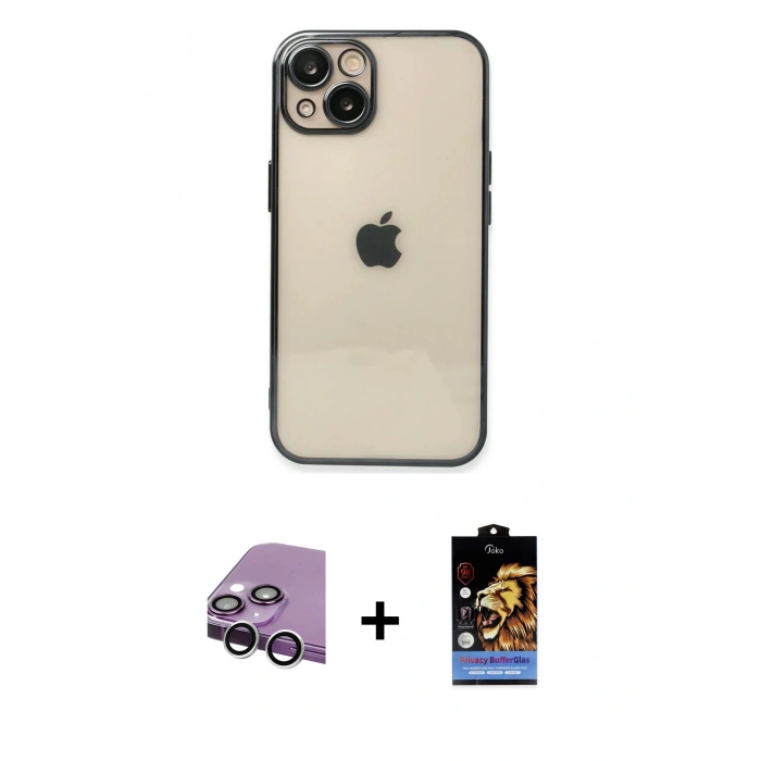 MARSİLYAN™- iPhone 14 Kılıf Vadi Minimal - Siyah Buffer Hayalet Cam Ekran Koruyucu + Raze Metal Kamera Lens - GS