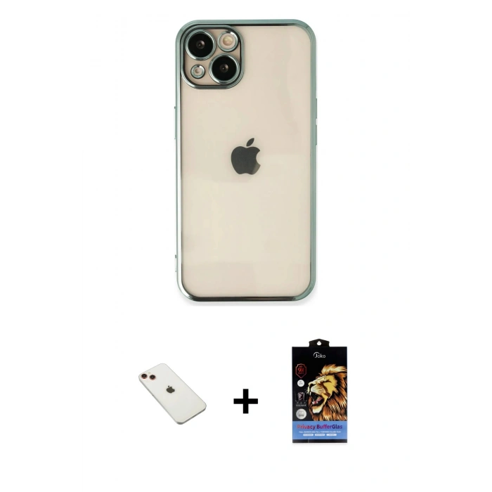 MARSİLYAN™- iPhone 14 Kılıf Vadi Minimal - Siyah Buffer Hayalet Cam Ekran Koruyucu + Kırmızı Diamond Kamera Lens