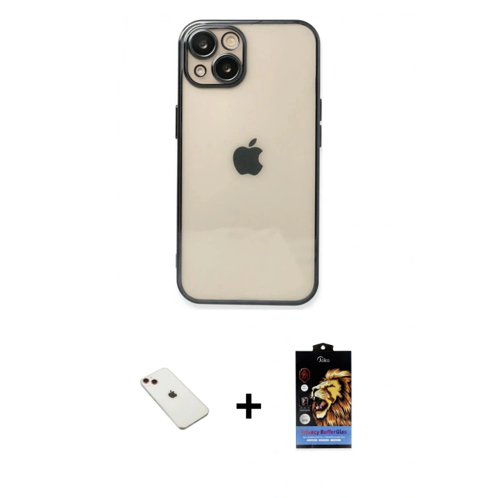MARSİLYAN™- iPhone 14 Kılıf Vadi Minimal - Siyah Buffer Hayalet Cam Ekran Koruyucu + Kırmızı Diamond Kamera Lens