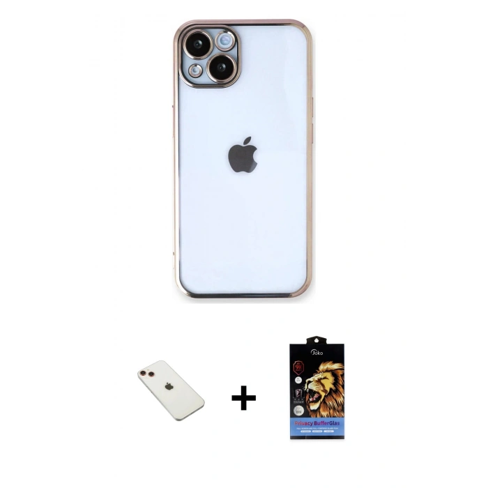 MARSİLYAN™- iPhone 14 Kılıf Vadi Minimal - Siyah Buffer Hayalet Cam Ekran Koruyucu + Kırmızı Diamond Kamera Lens