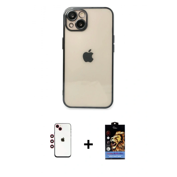 MARSİLYAN™- iPhone 14 Kılıf Vadi Minimal - Siyah Buffer Hayalet Cam Ekran Koruyucu + Shine Kamera Lens - KI