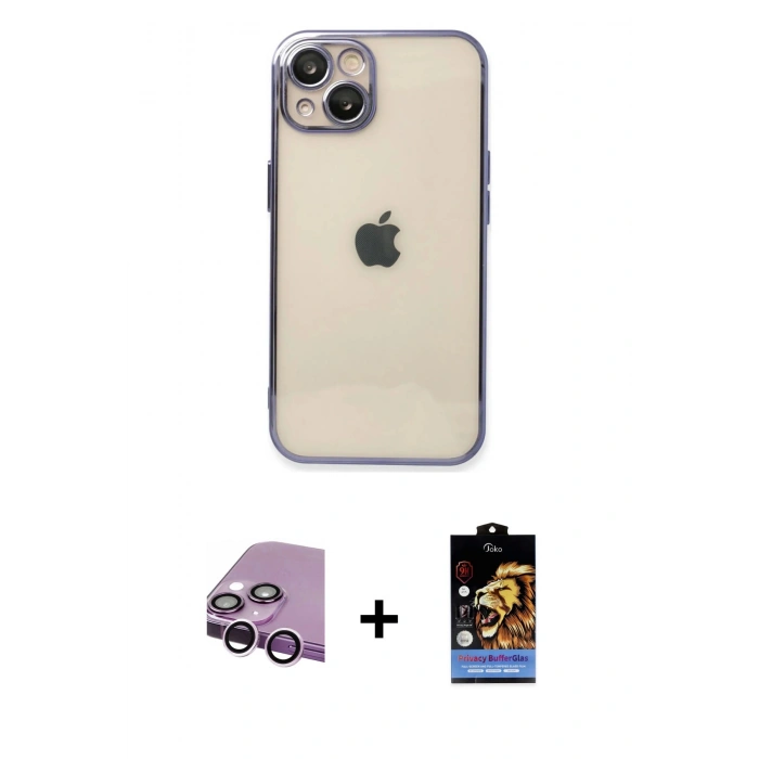 MARSİLYAN™- iPhone 14 Kılıf Vadi Minimal - Siyah Buffer Hayalet Cam Ekran Koruyucu + Raze Metal Kamera Lens - MR