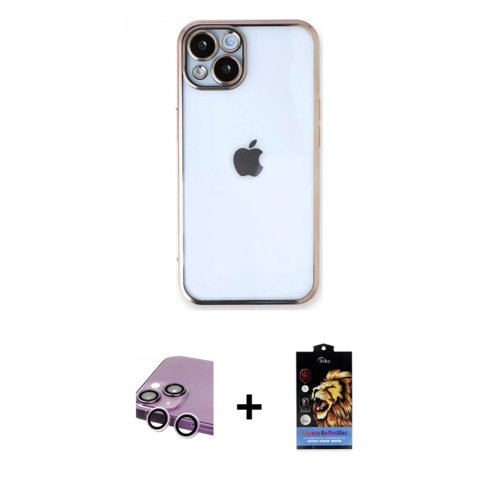 MARSİLYAN™- iPhone 14 Kılıf Vadi Minimal - Siyah Buffer Hayalet Cam Ekran Koruyucu + Raze Metal Kamera Lens - MR