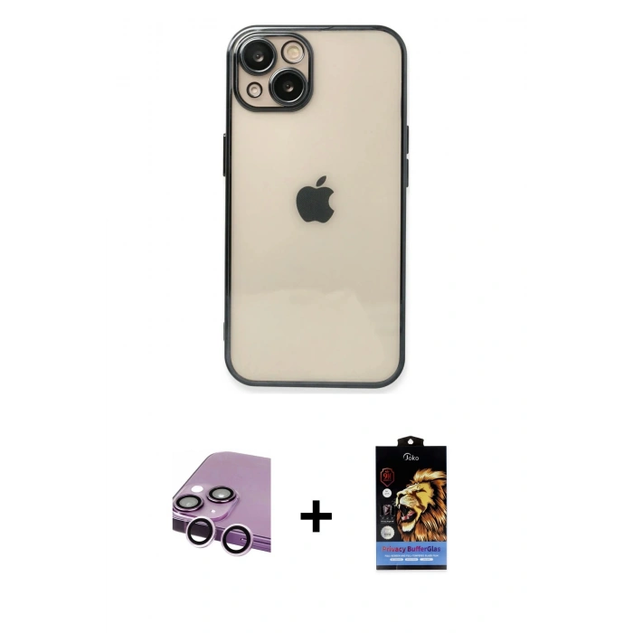 MARSİLYAN™- iPhone 14 Kılıf Vadi Minimal - Siyah Buffer Hayalet Cam Ekran Koruyucu + Raze Metal Kamera Lens - MR