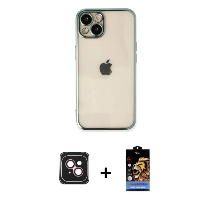 MARSİLYAN™- iPhone 14 Kılıf Vadi Minimal - Siyah Buffer Hayalet Cam Ekran Koruyucu + PVD Metal Kamera Lens - PE