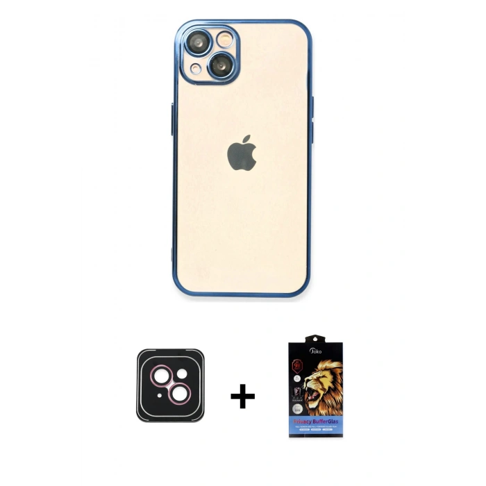 MARSİLYAN™- iPhone 14 Kılıf Vadi Minimal - Siyah Buffer Hayalet Cam Ekran Koruyucu + PVD Metal Kamera Lens - PE