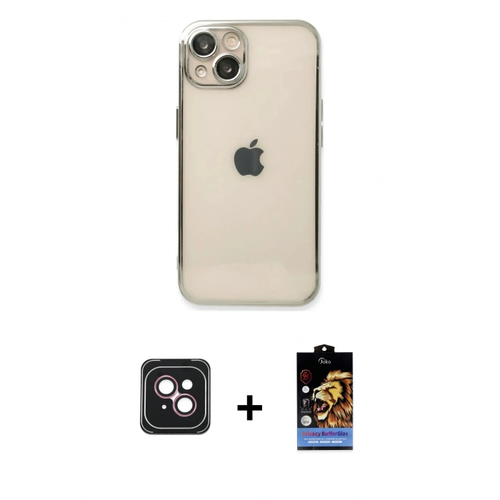 MARSİLYAN™- iPhone 14 Kılıf Vadi Minimal - Siyah Buffer Hayalet Cam Ekran Koruyucu + PVD Metal Kamera Lens - PE
