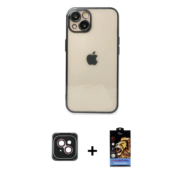 MARSİLYAN™- iPhone 14 Kılıf Vadi Minimal - Siyah Buffer Hayalet Cam Ekran Koruyucu + PVD Metal Kamera Lens - PE