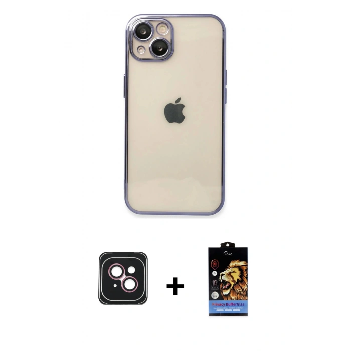 MARSİLYAN™- iPhone 14 Kılıf Vadi Minimal - Siyah Buffer Hayalet Cam Ekran Koruyucu + PVD Metal Kamera Lens - PE