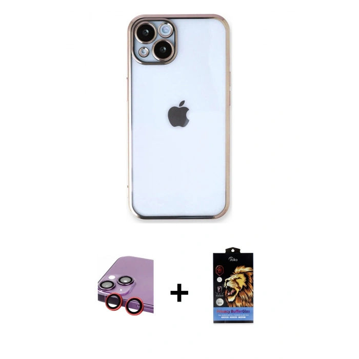 MARSİLYAN™- iPhone 14 Kılıf Vadi Minimal - Siyah Buffer Hayalet Cam Ekran Koruyucu + Raze Metal Kamera Lens - KI