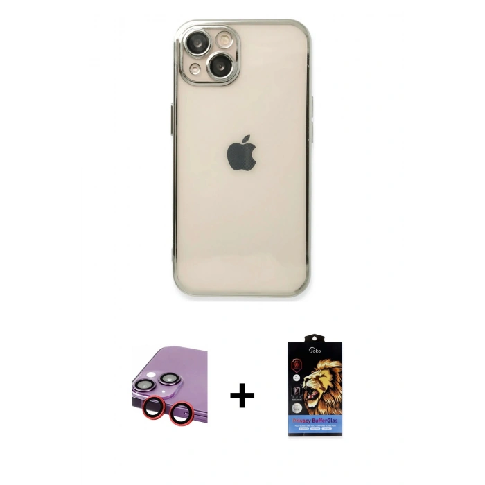 MARSİLYAN™- iPhone 14 Kılıf Vadi Minimal - Siyah Buffer Hayalet Cam Ekran Koruyucu + Raze Metal Kamera Lens - KI