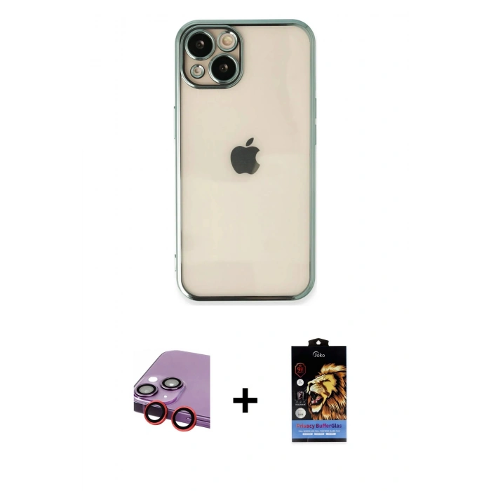 MARSİLYAN™- iPhone 14 Kılıf Vadi Minimal - Siyah Buffer Hayalet Cam Ekran Koruyucu + Raze Metal Kamera Lens - KI