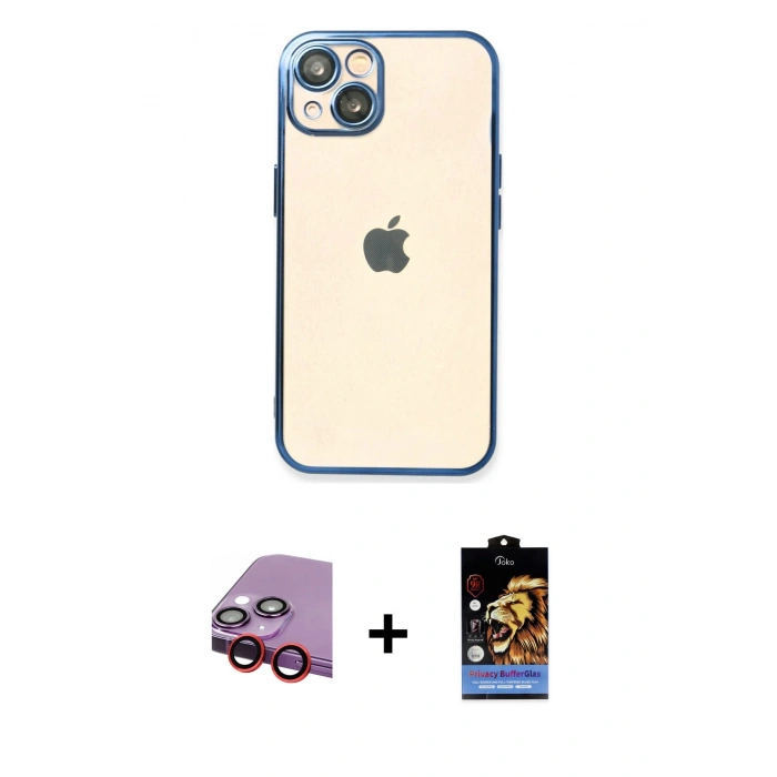 MARSİLYAN™- iPhone 14 Kılıf Vadi Minimal - Siyah Buffer Hayalet Cam Ekran Koruyucu + Raze Metal Kamera Lens - KI