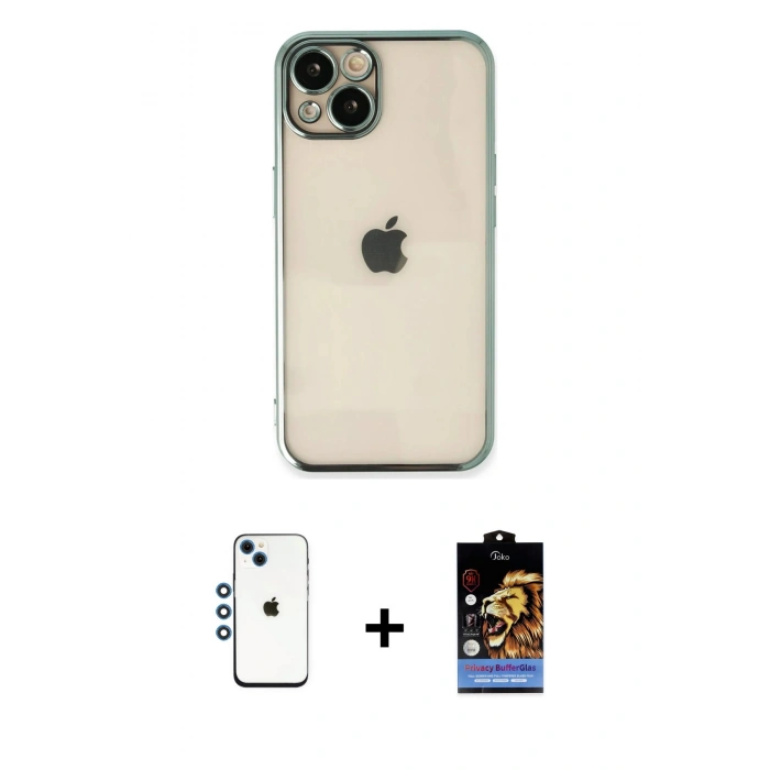 MARSİLYAN™- iPhone 14 Kılıf Vadi Minimal - Siyah Buffer Hayalet Cam Ekran Koruyucu + Shine Kamera Lens - MI