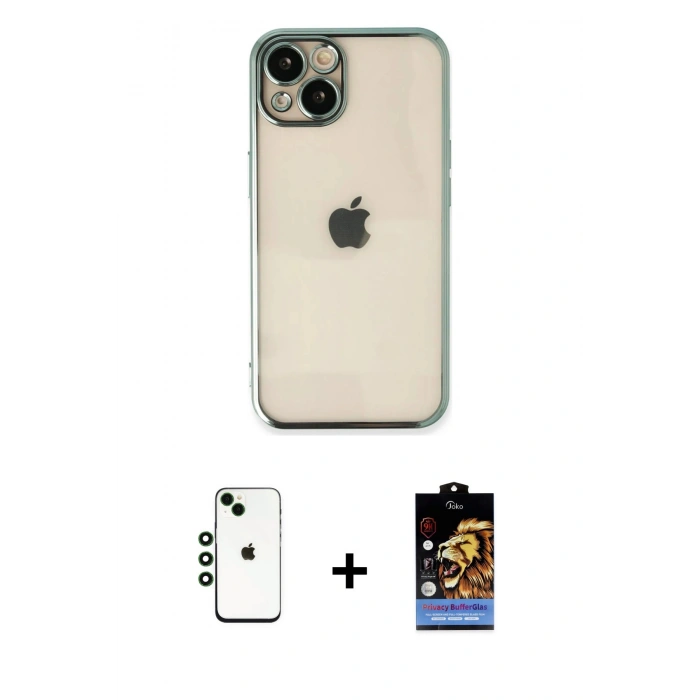 MARSİLYAN™- iPhone 14 Kılıf Vadi Minimal - Siyah Buffer Hayalet Cam Ekran Koruyucu + Shine Kamera Lens - YL