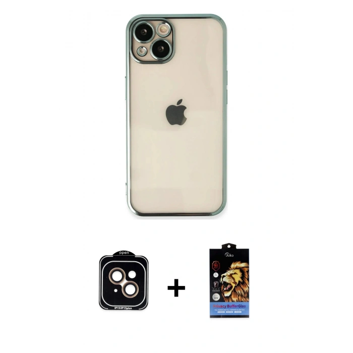 MARSİLYAN™- iPhone 14 Kılıf Vadi Minimal - Siyah Buffer Hayalet Cam Ekran Koruyucu + PVD Metal Kamera Lens - TU