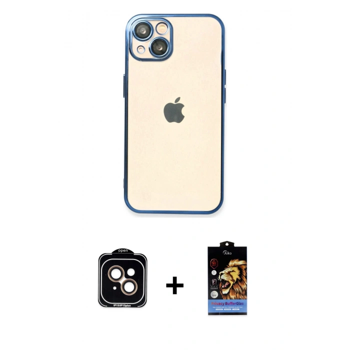 MARSİLYAN™- iPhone 14 Kılıf Vadi Minimal - Siyah Buffer Hayalet Cam Ekran Koruyucu + PVD Metal Kamera Lens - TU
