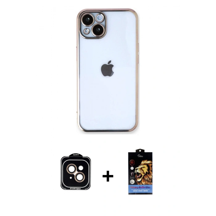 MARSİLYAN™- iPhone 14 Kılıf Vadi Minimal - Siyah Buffer Hayalet Cam Ekran Koruyucu + PVD Metal Kamera Lens - TU