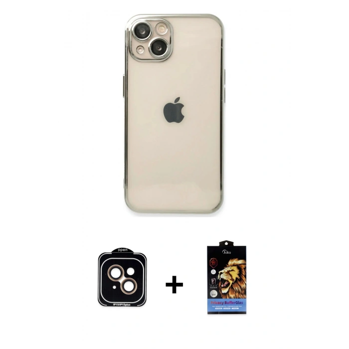 MARSİLYAN™- iPhone 14 Kılıf Vadi Minimal - Siyah Buffer Hayalet Cam Ekran Koruyucu + PVD Metal Kamera Lens - TU