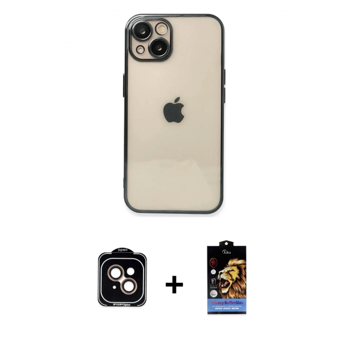 MARSİLYAN™- iPhone 14 Kılıf Vadi Minimal - Siyah Buffer Hayalet Cam Ekran Koruyucu + PVD Metal Kamera Lens - TU