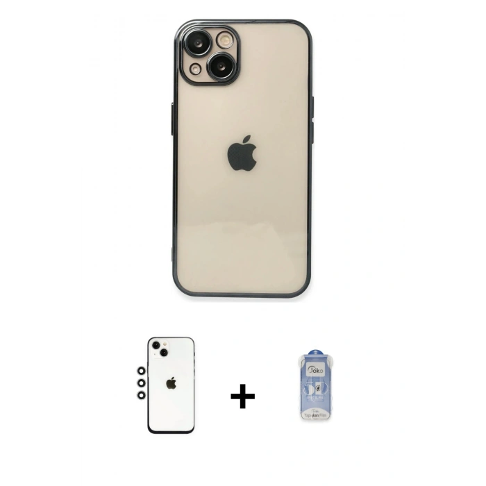 MARSİLYAN™- iPhone 14 Kılıf Vadi Minimal - Siyah Joko Magic 5D Cam + Gümüş Shine Kamera Lens