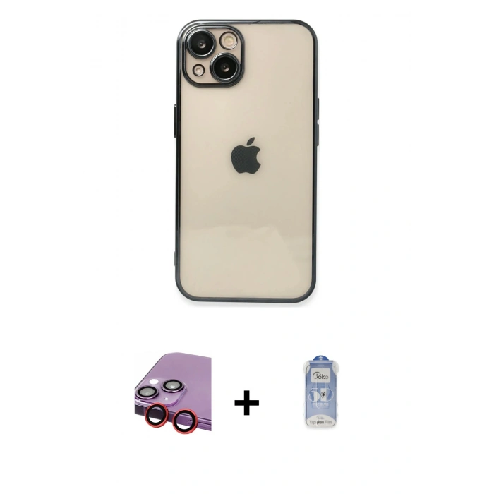 MARSİLYAN™- iPhone 14 Kılıf Vadi Minimal - Siyah Joko Magic 5D Cam + Raze Metal Kamera Lens - KI