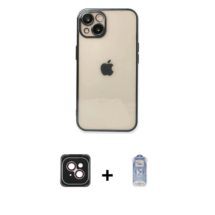 MARSİLYAN™- iPhone 14 Kılıf Vadi Minimal - Siyah Joko Magic 5D Cam + PVD Metal Kamera Lens - PE