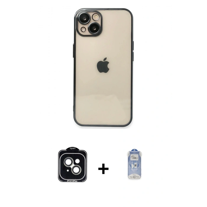MARSİLYAN™- iPhone 14 Kılıf Vadi Minimal - Siyah Joko Magic 5D Cam + PVD Metal Kamera Lens - YL
