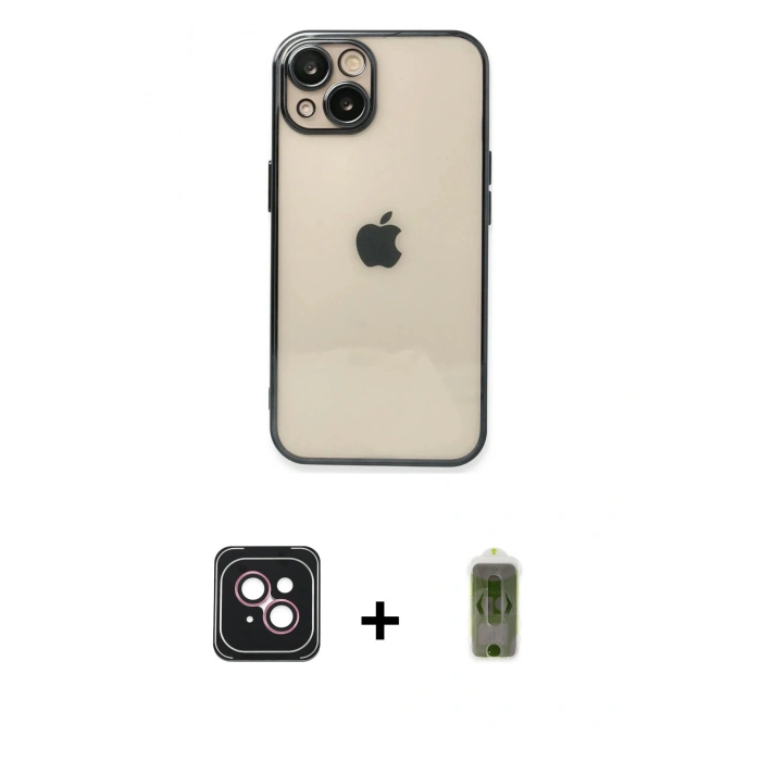 MARSİLYAN™- iPhone 14 Kılıf Vadi Minimal - Siyah Joko Magic 5D Hayalet Cam + PVD Metal Kamera Lens - PE