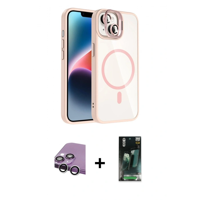 MARSİLYAN™- iPhone 14 Kılıf Yadigar Asil Koleksiyonu - Şeffaf 360 Full Body Arka Koruyucu + Raze Metal Kamera Lens - GS