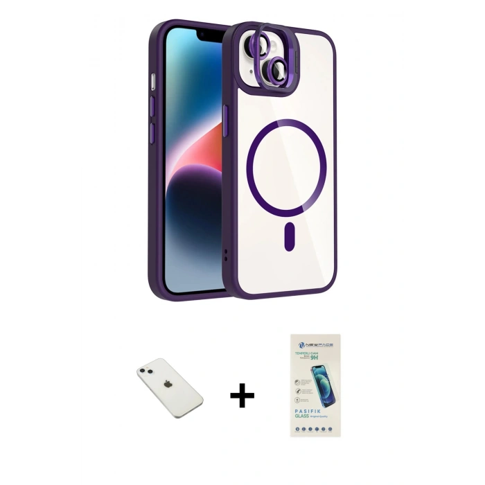 MARSİLYAN™- iPhone 14 Kılıf Yadigar Asil Koleksiyonu - Şeffaf Pasifik Cam Ekran Koruyucu + Diamond Kamera Lens - SABE