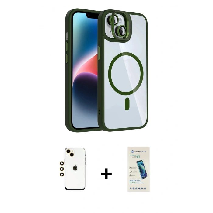 MARSİLYAN™- iPhone 14 Kılıf Yadigar Asil Koleksiyonu - Şeffaf Pasifik Cam Ekran Koruyucu + Shine Kamera Lens - GD