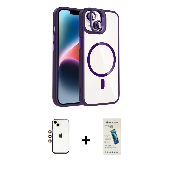 MARSİLYAN™- iPhone 14 Kılıf Yadigar Asil Koleksiyonu - Şeffaf Pasifik Cam Ekran Koruyucu + Shine Kamera Lens - GD
