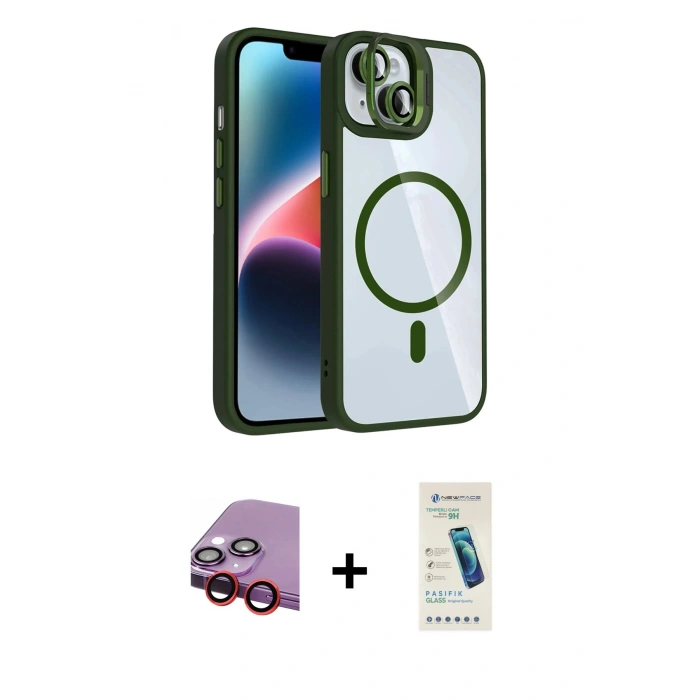 MARSİLYAN™- iPhone 14 Kılıf Yadigar Asil Koleksiyonu - Şeffaf Pasifik Cam Ekran Koruyucu + Raze Metal Kamera Lens - KI