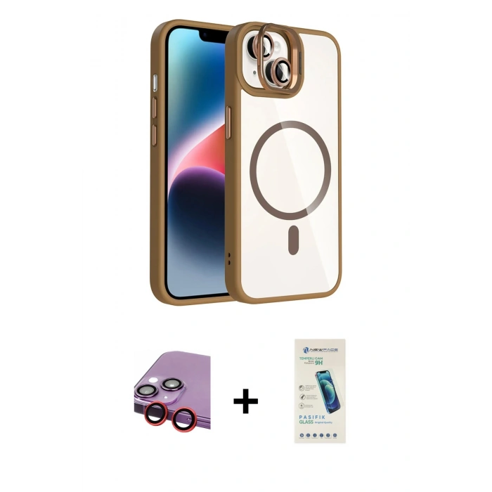 MARSİLYAN™- iPhone 14 Kılıf Yadigar Asil Koleksiyonu - Şeffaf Pasifik Cam Ekran Koruyucu + Raze Metal Kamera Lens - KI