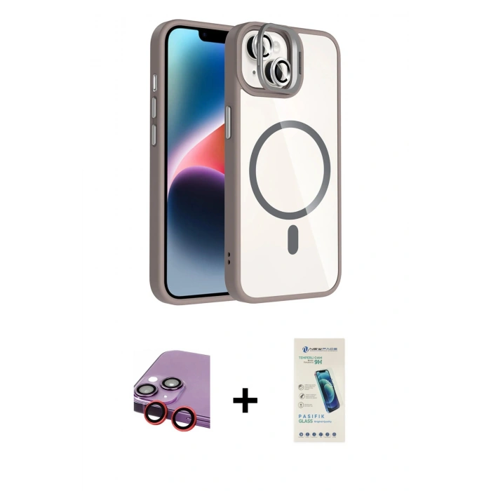 MARSİLYAN™- iPhone 14 Kılıf Yadigar Asil Koleksiyonu - Şeffaf Pasifik Cam Ekran Koruyucu + Raze Metal Kamera Lens - KI