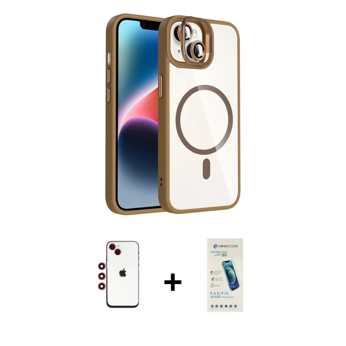 MARSİLYAN™- iPhone 14 Kılıf Yadigar Asil Koleksiyonu - Şeffaf Pasifik Cam Ekran Koruyucu + Shine Kamera Lens - KI