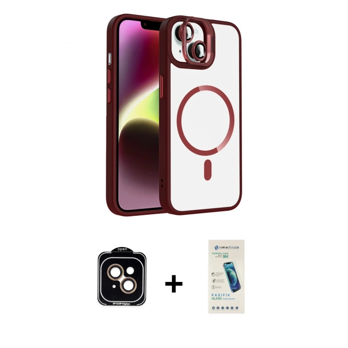 MARSİLYAN™- iPhone 14 Kılıf Yadigar Asil Koleksiyonu - Şeffaf Pasifik Cam Ekran Koruyucu + Turuncu PVD Metal Kamera Lens