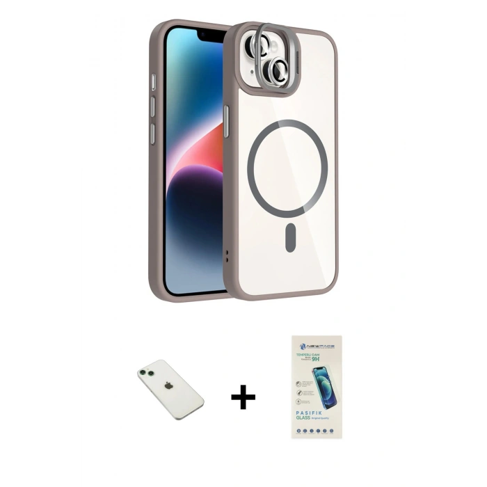 MARSİLYAN™- iPhone 14 Kılıf Yadigar Asil Koleksiyonu - Şeffaf Pasifik Cam Ekran Koruyucu + Yeşil Diamond Kamera Lens