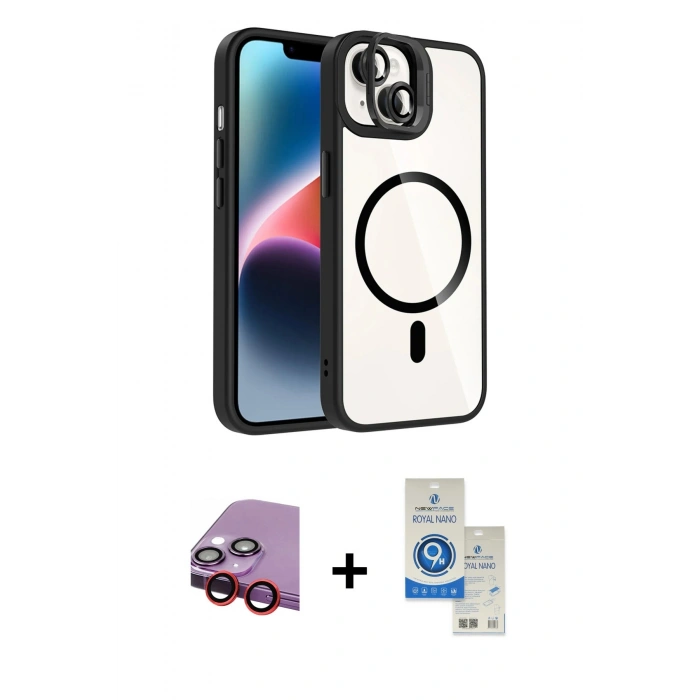 MARSİLYAN™- iPhone 14 Kılıf Yadigar Asil Koleksiyonu - Şeffaf Royal Nano Ekran Koruyucu + Raze Metal Kamera Lens - KI
