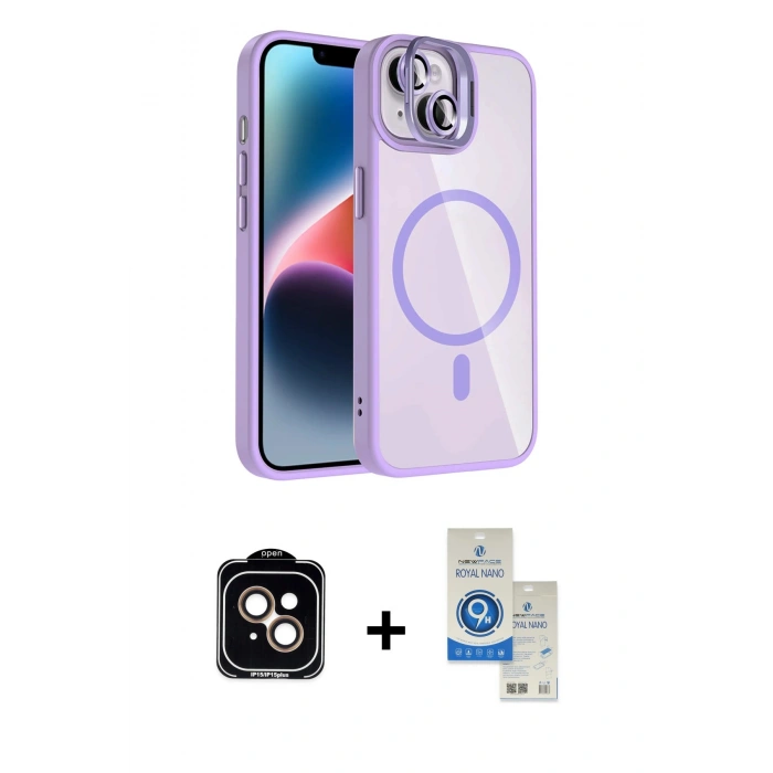 MARSİLYAN™- iPhone 14 Kılıf Yadigar Asil Koleksiyonu - Şeffaf Royal Nano Ekran Koruyucu + PVD Metal Kamera Lens - TU
