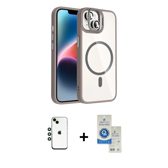 MARSİLYAN™- iPhone 14 Kılıf Yadigar Asil Koleksiyonu - Şeffaf Royal Nano Ekran Koruyucu + Shine Kamera Lens - YL